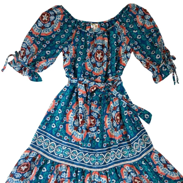 Fig and Flower Blue Floral‎ Medallion Boho Tiered Midi Dress Womens Large - Image 4
