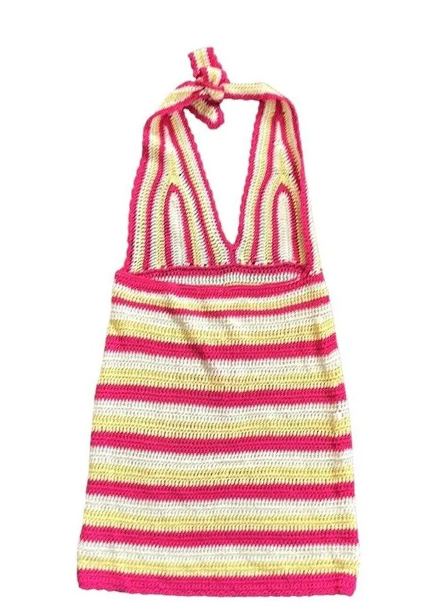 Beginning Boutique Whitsundays Crochet Knit Mini Dress Pink Yellow White 4 NEW - Image 9