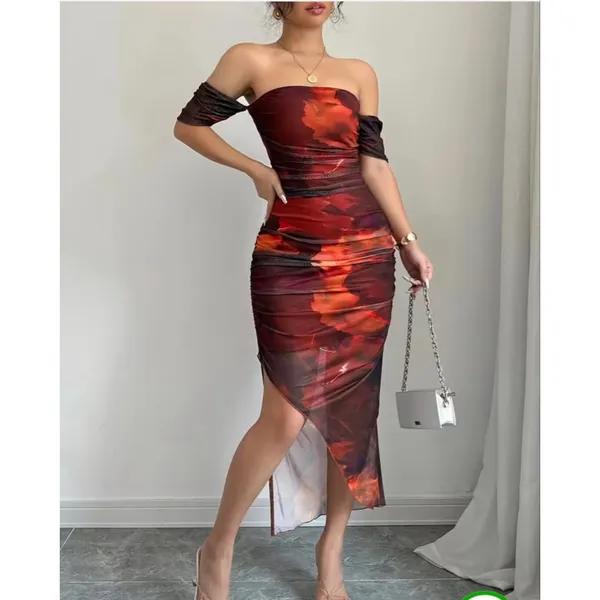 NEW Off-Shoulder Bodycon Ruched Slit Midi Dress L - Image 5
