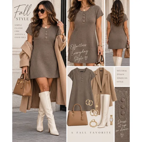 Mossimo Womens Taupe Brown Henley Sweater Dress Short Sleeve Knit Mini Size M - Image 2