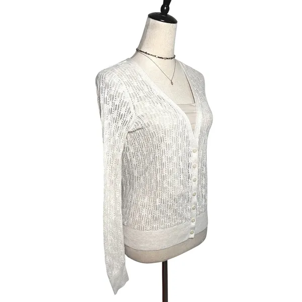 Moda International Y2K Cream Pointelle Open Knit V-Neck Cardigan Sweater - Image 3