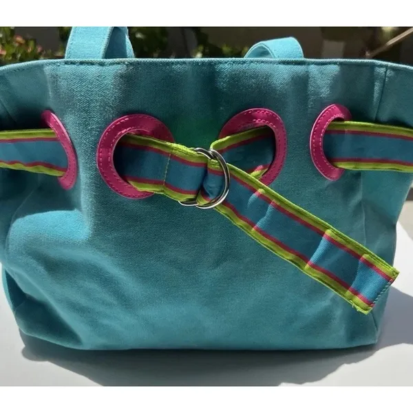 Vintage Polo Ralph Lauren Summer Canvas Tote Bag Purse Pink/Fuchsia & Blue - Image 3
