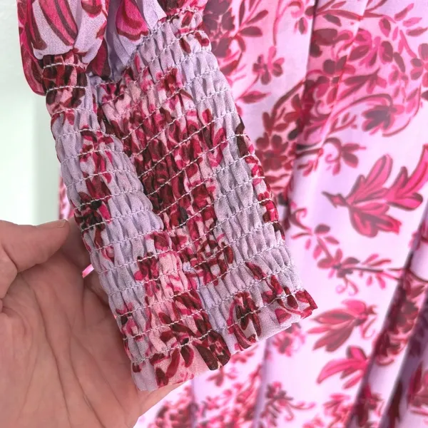 Badgley Mischka Floral‎ Chiffon Midi Dress Lavender Pink V-Neck Sz 2 Long Sleeve - Image 6