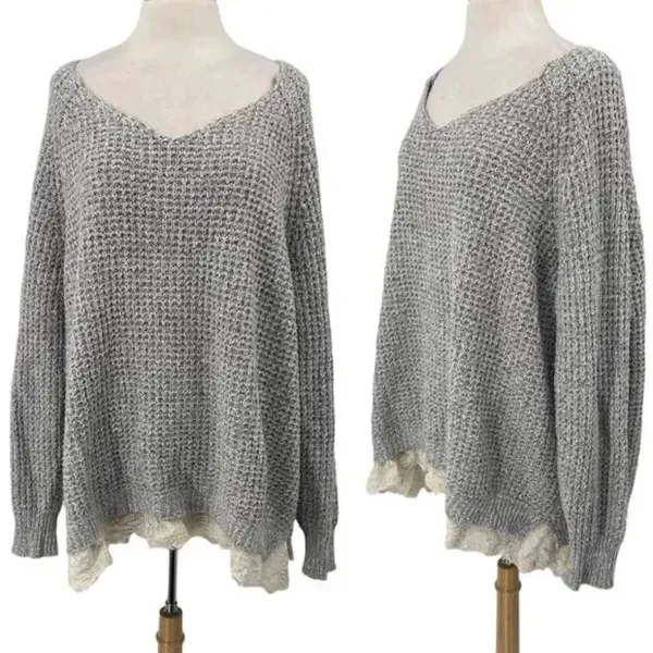 Soft Surroundings Gray Knit Soft Spoken Sweater Tunic With Lace Hem - Image 2
