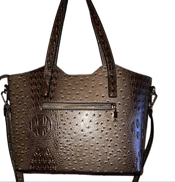 Isabella vegan leather ostrich satchel! Taupe in color with unique design! - Image 7