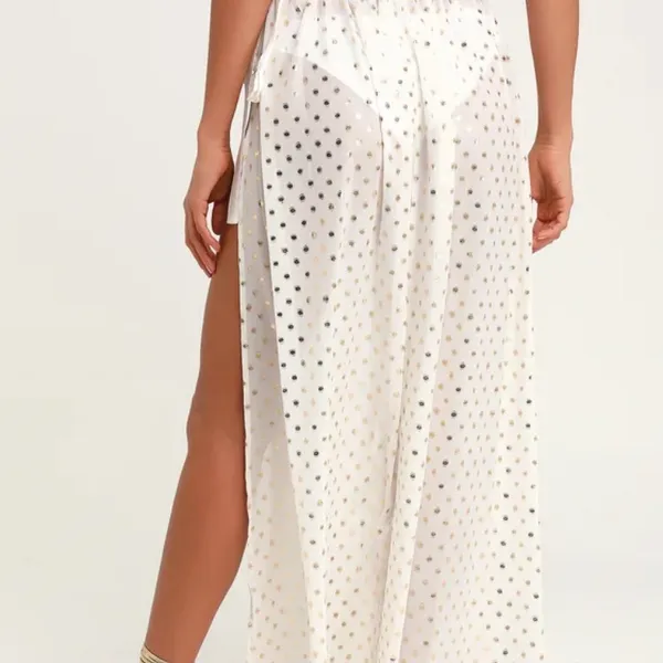 Lulus White Gold Polka Dot Cover Up Maxi Skirt Size S NWT - Image 2
