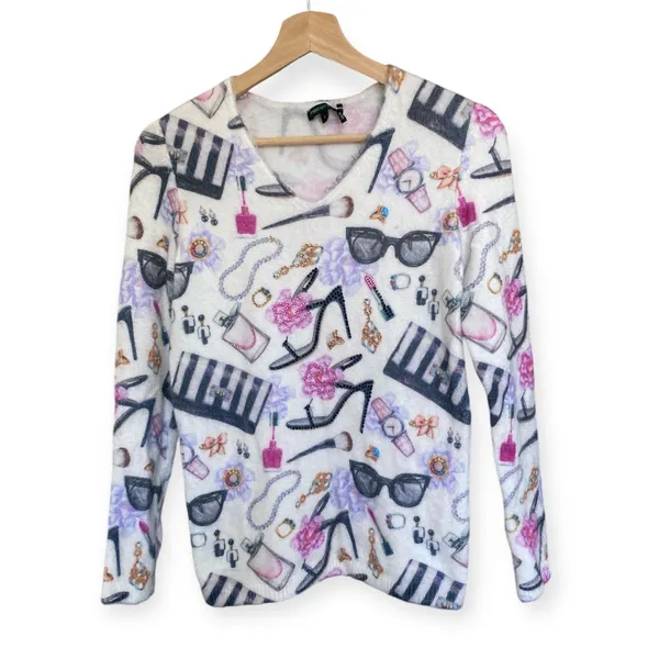 Tricotto V-Neck Sweater Lipstick Pearls Heels AOP Women's size Small Feminine - Image 2