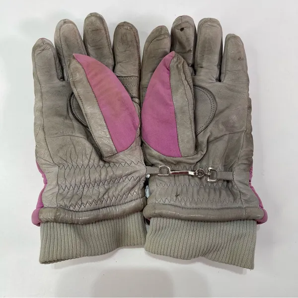 Vintage Serus Winter Ski Snow Mittens Gloves Cowhide Leather Grey Pink Women M - Image 3