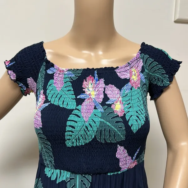 Lulus Smocked Navy Pink Green Floral Tropical Maxi Dress with Pockets size M - Image 3