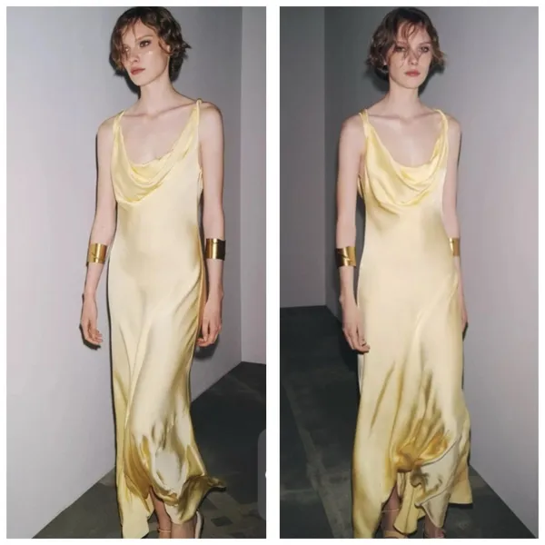 Zara Butter Yellow Satin Cowl Neck Midi Slip Dress Size Large Cocktail Wedding - Image 3
