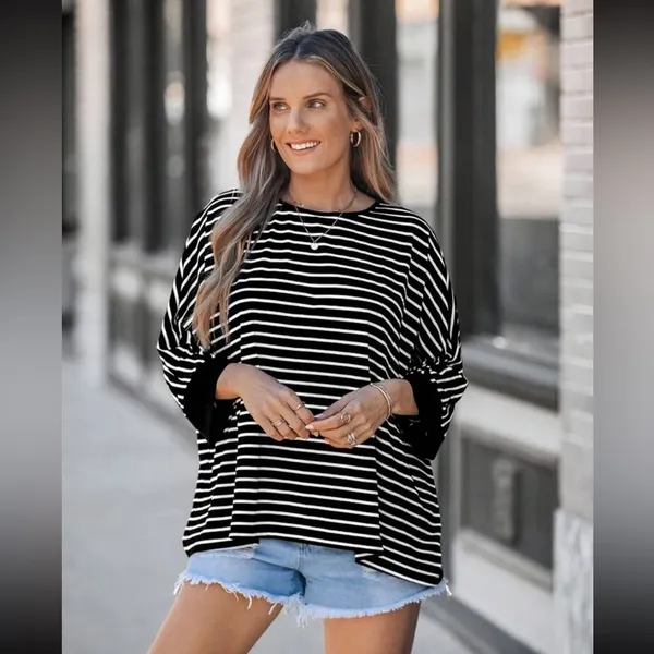 Casual Loose Fit Striped Batwing Oversized Shirt - Image 2