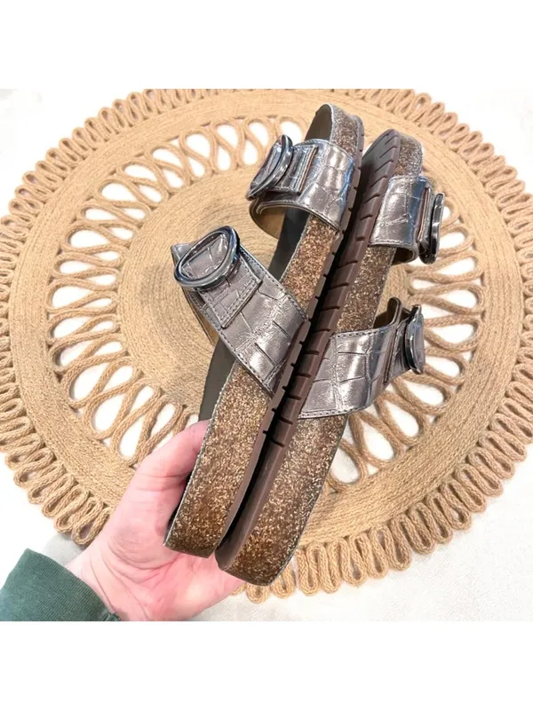 Anacapri Silver Leather Crocodile Slide Metallic Sandals EU 40 - Image 6