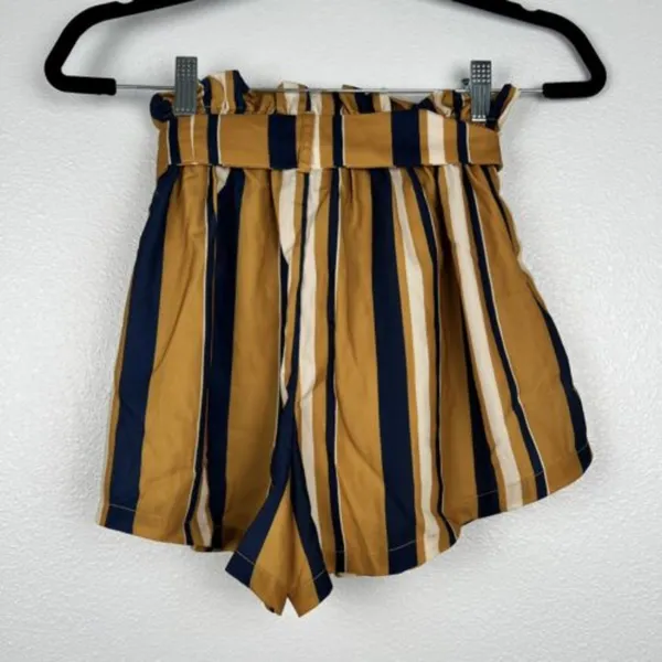 Shein Striped Paperbag Belted Shorts Yellow Bloue‎ S - Image 4