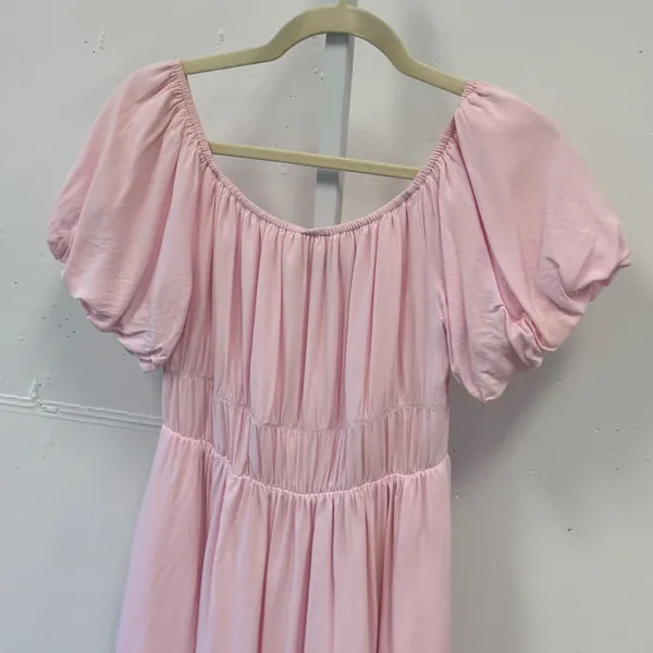 Fashion Pink Puff Sleeve Smocked Waist Mini Dress Cottagecore Pockets Small - Image 3