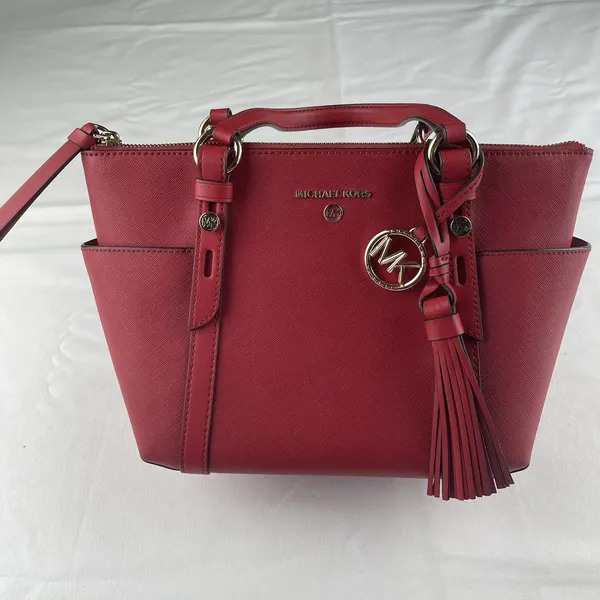 Michael Kors Red Saffiano‎ Leather Satchel Crossbody Bag Gold Hardware Tassel - Image 2