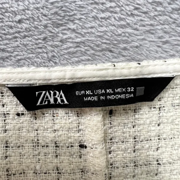 Zara Tweed Fringe Boxy Crop Top White Black Check Balloon‎ Sleeve Blouse XL New - Image 5