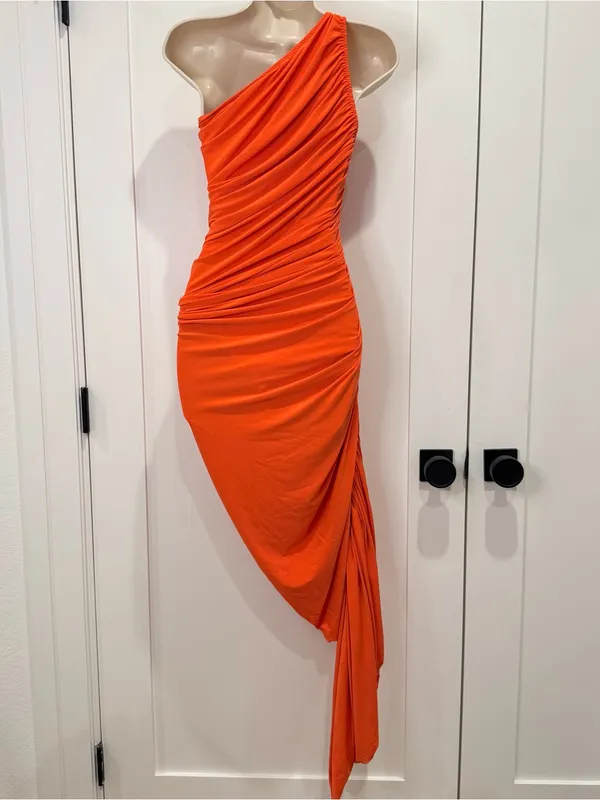 Norma Kamali Diana Ruched One-Shoulder Gown XXS Blood Orange Cocktail Party Chic - Image 7