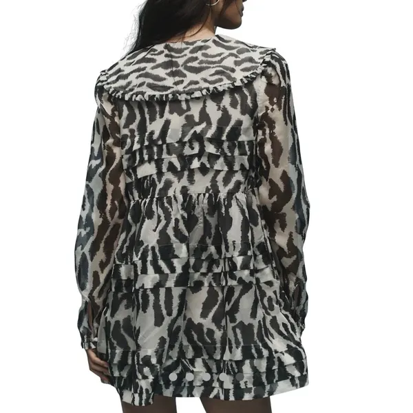 Maeve Anthro Animal Print Mini Dress XXS Gray Tiered Ruffle Long Sleeve Chiffon‎ - Image 2