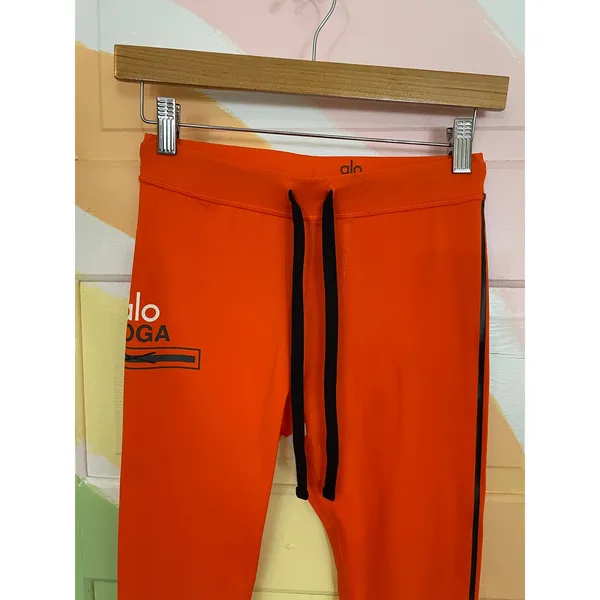 Alo Yoga Orange Logo Side Stripe Drawstring Leggings Women’s Small - Image 2