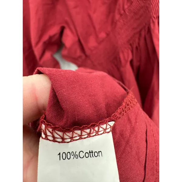 Cottagecore Red Smocked V-Neck Balloon Sleeve 100%‎ Cotton Mini Dress Sz L Boho - Image 6