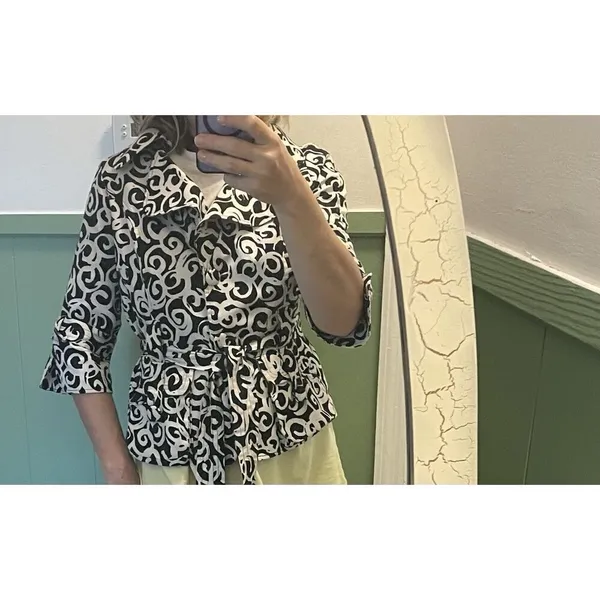 Luii byAnthropologie Black White Swirl Print Belted Short Trench Jacket Small - Image 7
