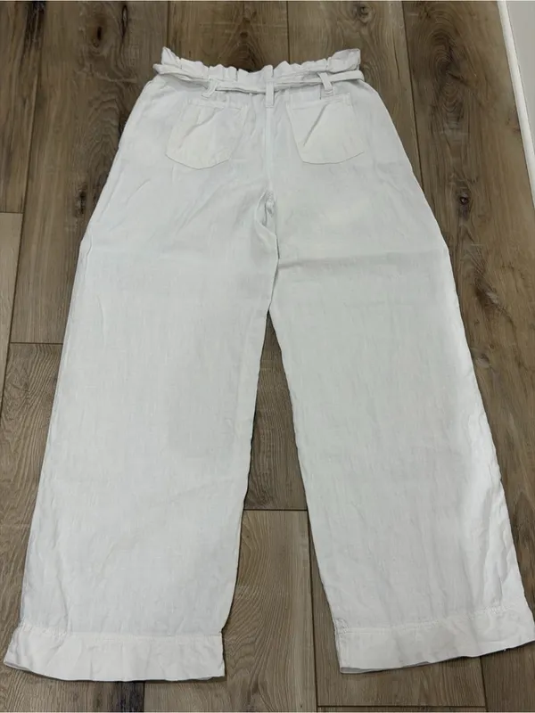 White High-Rise Tie-Waist Wide-Leg Linen Pants - Image 4
