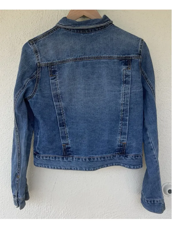 Free People Cropped Denim Jacket Blue Button Front Trucker Jean Western Distress - Image 3