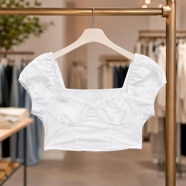H&M Divided White Puff Sleeve Milkmaid Crop Top Coquette M - Image 4