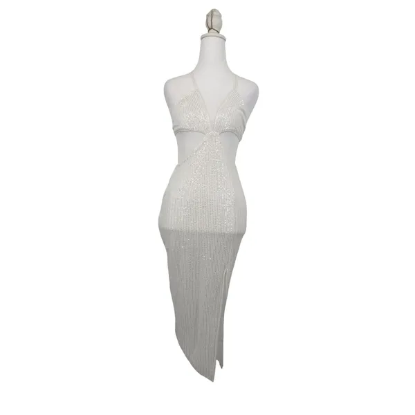 Hello Molly White Sequin‎ Cutout Midi Dress V-Neck Tie Back Formal Gown XS US 2 - Image 2