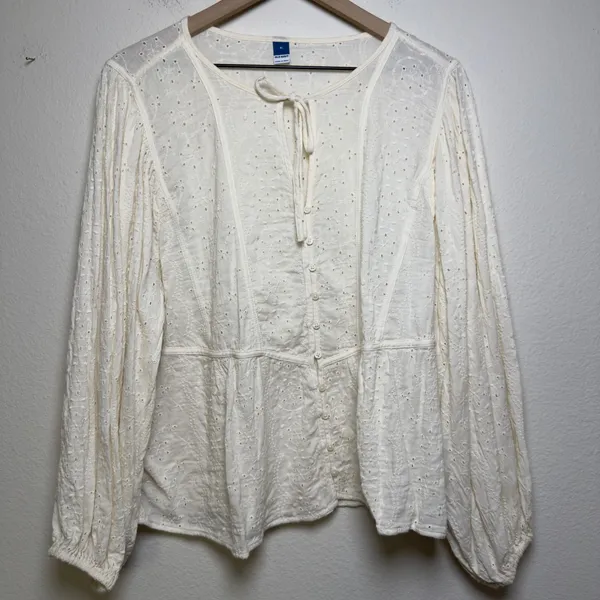 Old Navy Women Cotton Roma Blouse XL White Eyelet Embroidered Balloon Cottage - Image 3