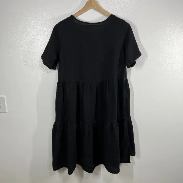 Belongyun Linen Midi Dress Embroidered Floral Tiered Short‎ Sleeve Black Casual - Image 3