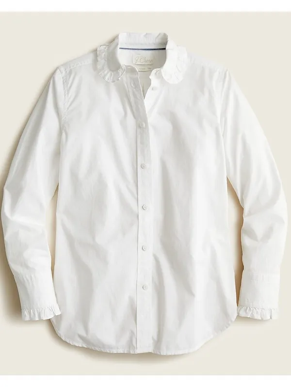 J Crew Classic Fit Ruffle Collar Shirt White Cotton Button Blouse Size 8 - Image 3