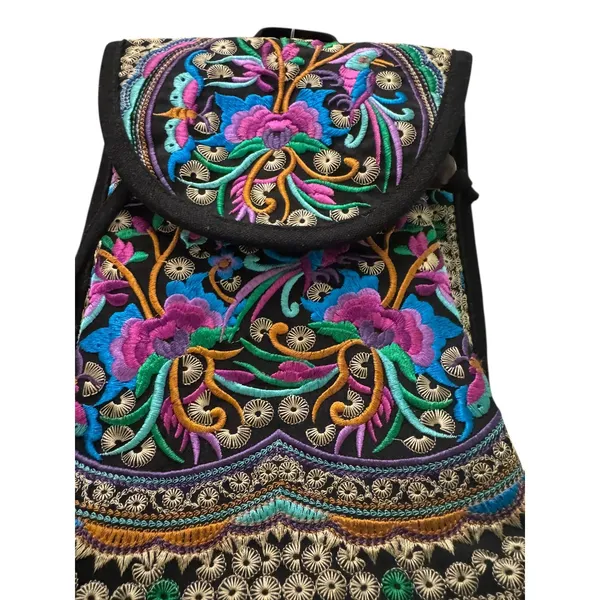 Boho Embroidered Backpack Colorful Floral Birds Drawstring Flap Bag‎ - Image 4