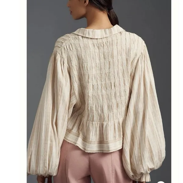 By Anthropologie Size M Balloon Sleeve Scoop Neck Collared Blouse Neutral Stripe - Image 2