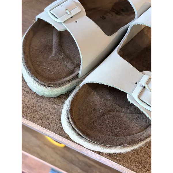 Bio Green Spain Ivory White Leather‎ Double Strap Buckle Slide Sandals 39 | 8 - Image 9