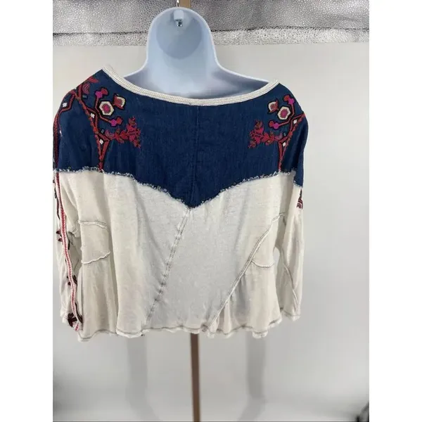 Free People We The Free Rio Henley Small Cream Navy Embroidered Indie Boho - Image 13