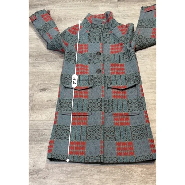 Sundance XS Wool Blend Plaid Long Coat Teal Red Boho Cottagecore Artsy Statement - Image 16