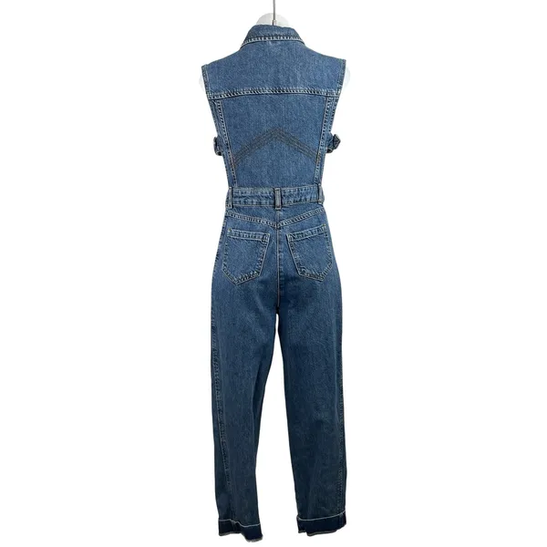 Topshop Women's Blue Sleeveless Denim Jean Button Up Overalls Jumpsuit Size M - Image 3