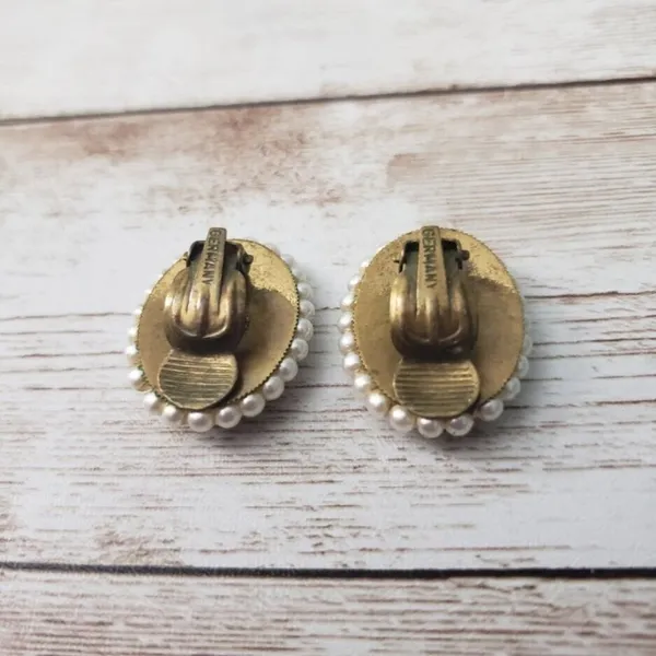 Vintage Clip On Earrings - White Oval with Faux Pearl Halo - Image 3