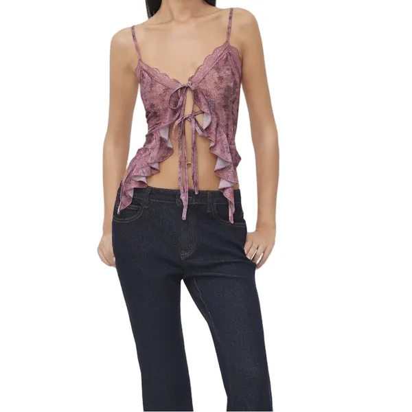 Cider Carmine Lace Ruffle Tie-Front Floral Cami Top – Size L (US 8) - Image 3