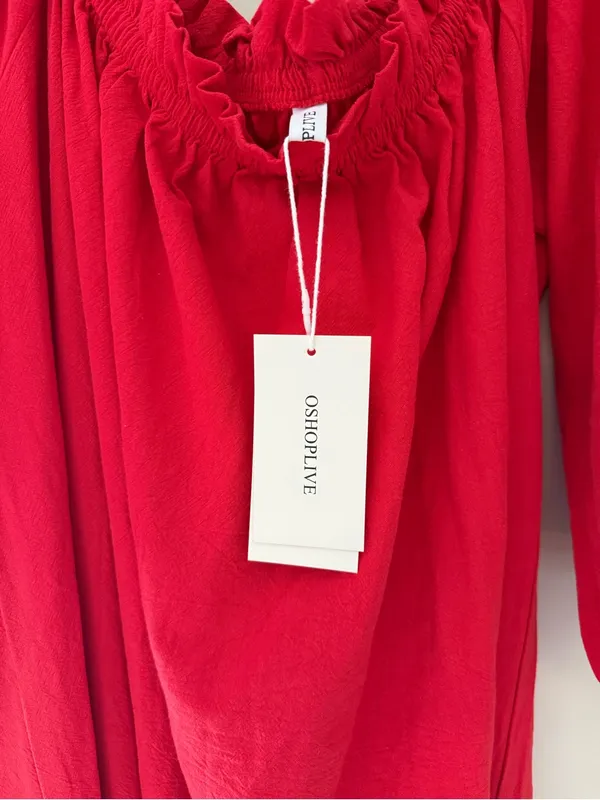 OShopLive Red Off Shoulder Maxi Dress Puff Sleeve NWT Women’s Large 100% Cotton - Image 4