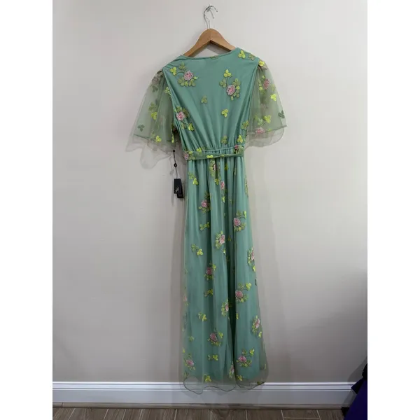 Adrianna‎ Papell Embroidered Maxi Dress Sage Multi Floral Flutter Size M NWT - Image 8