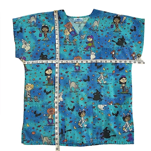Vtg 90s Eureekas Castle Halloween Scrub Top small Cute Cartoon Teal Blue Nurse - Image 9