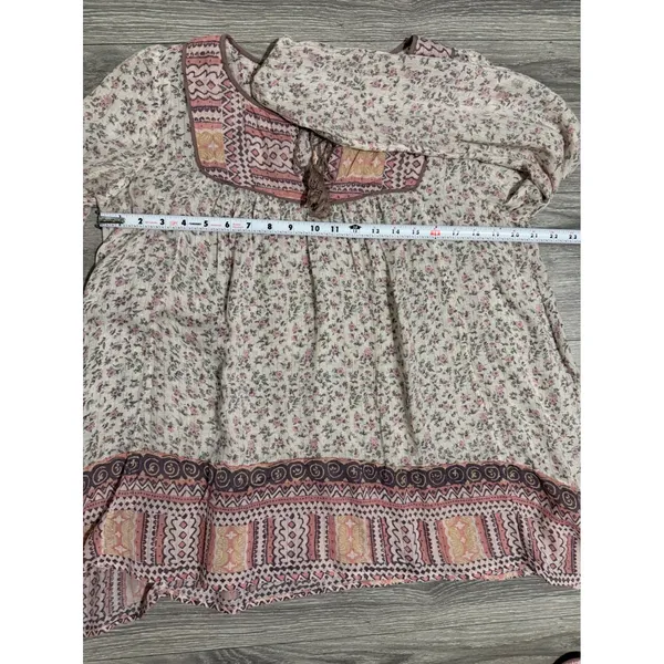 Free People Blouse S Floral Metallic Tassel Peasant Blouse Pink Cream Cottage - Image 7