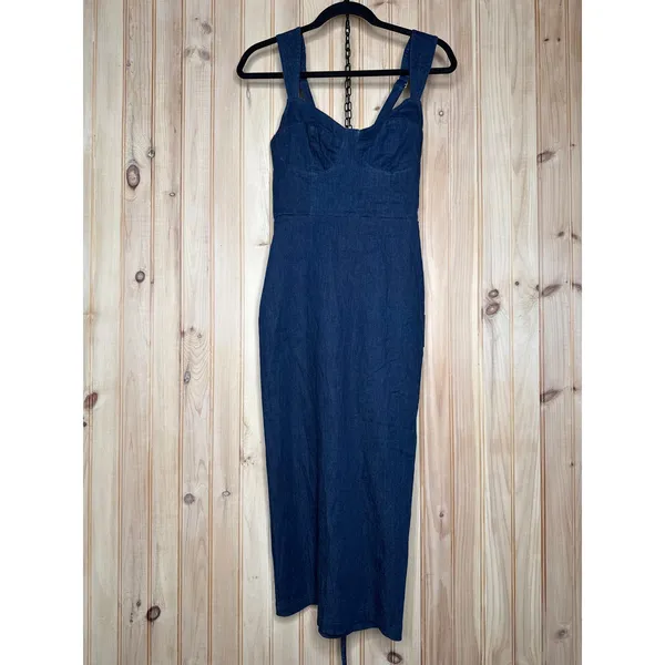 NWT Lulus Keep It Darling Dark Wash Denim Bustier Lace-Up Midi Dress Party Sz S - Image 2
