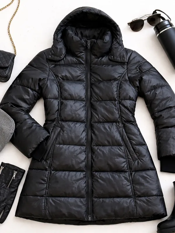 Noize Black Hooded Puffer Jacket Vegan Leather Trim Womens Medium Belt Missing - Image 4