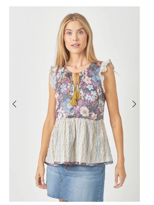 Mystree Navy Multi Floral Peplum Tassel Tie V-Neck Flutter Sleeve Top NWT L - Image 2