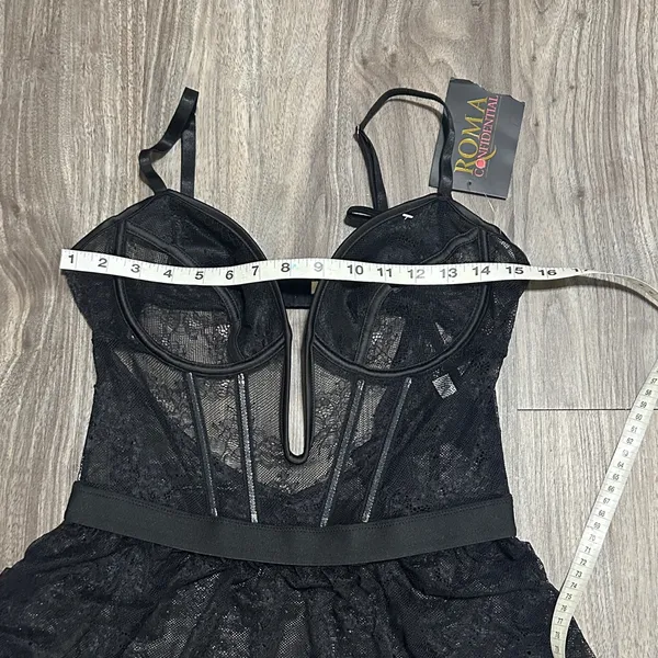 Roma Black Sheer Lace Babydoll Chemise with Plunge Cups - Image 10