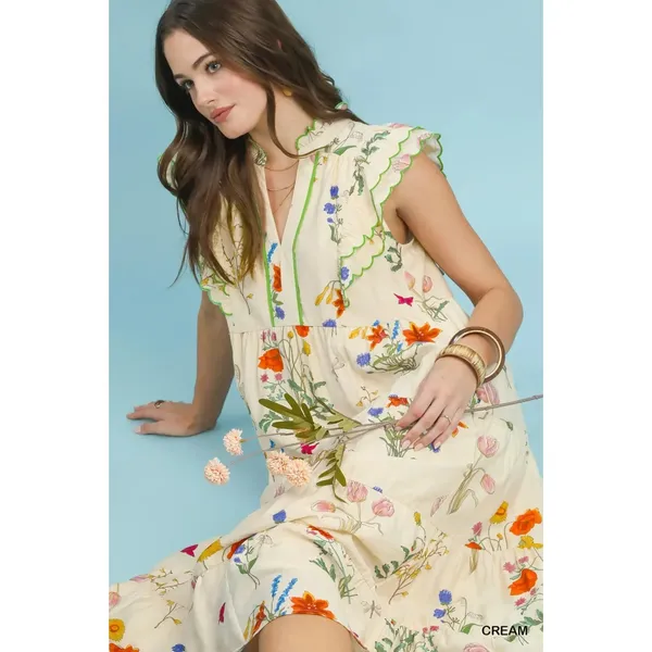 Umgee Floral Ruffle Tiered Midi Dress with Scalloped Detail - Small - Image 5