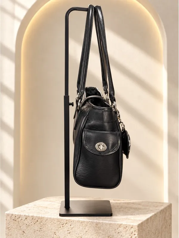 Coach Leather Medium Tote Bag Black with Heart Charm Shoulder Handbag - Image 3